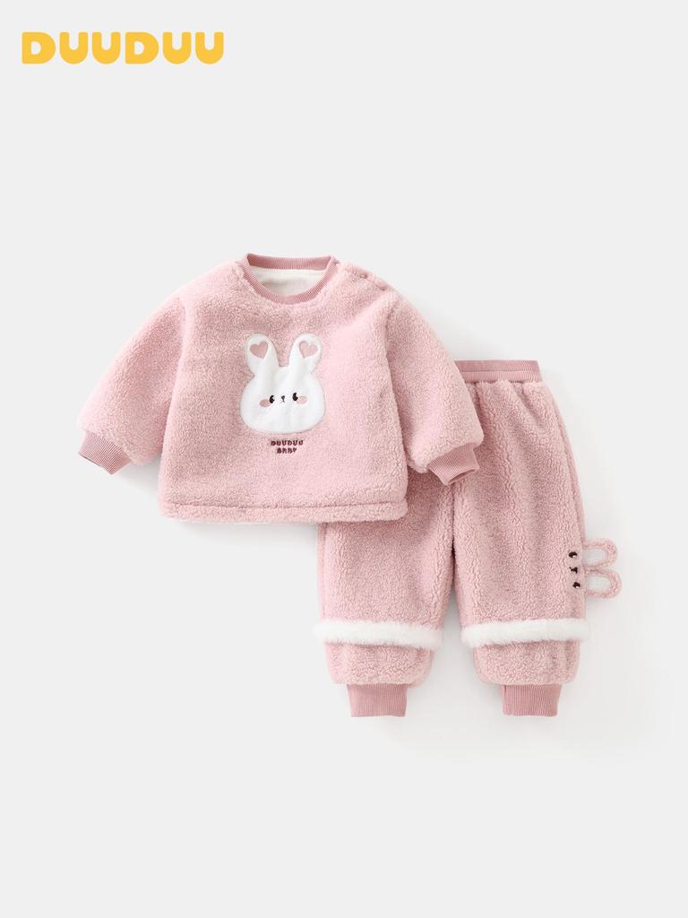 DUUDUU 2025 Toddler Fleece Hoodie Set - Korean Style Girls' Two-Piece Outfit