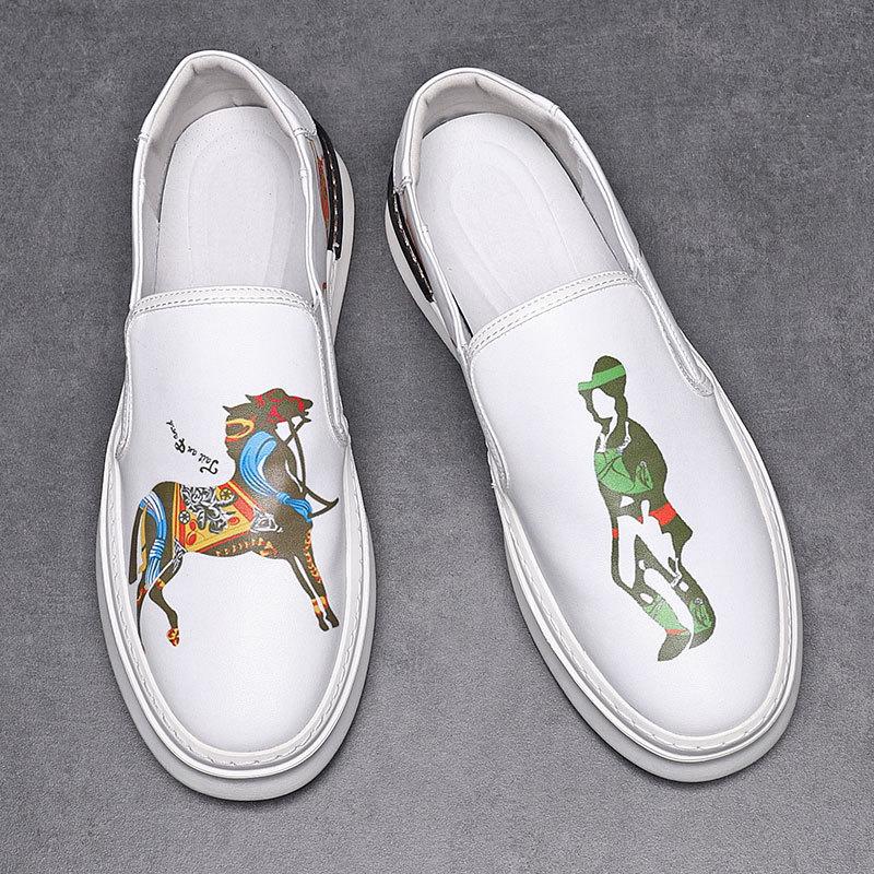 Fashion New Arrival Fashion Men's White Print Pattern Driving Shoes Male Slip On Loafers Walking Sneakers Tenis Masculino