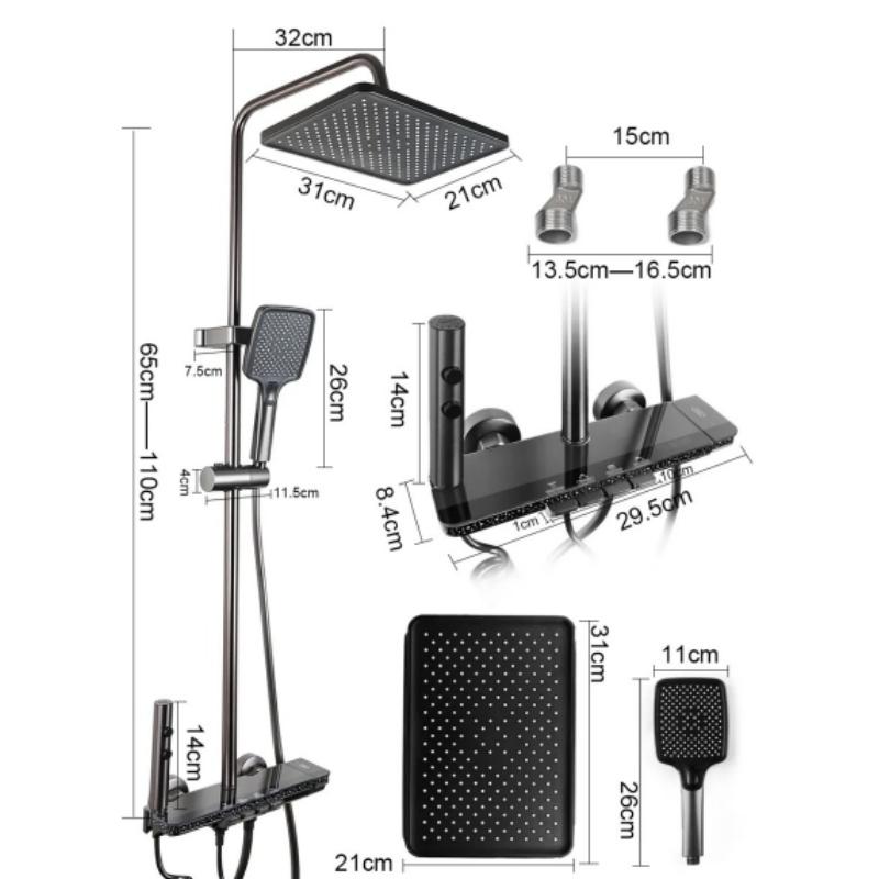 Grey Shower Set Four-Function Smart Digital Display Shower System Rainfall Pressurized Wall-mounted Piano Key Shower Faucet Set