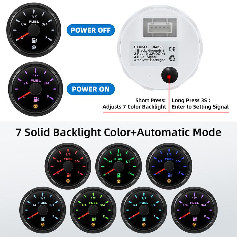 7 Color Backlight 52mm Fuel Level Gauge With Flashing Alarm 0-190ohm 240-33ohm 0-90ohm Oil Tank Meter Digital pointer Gauge