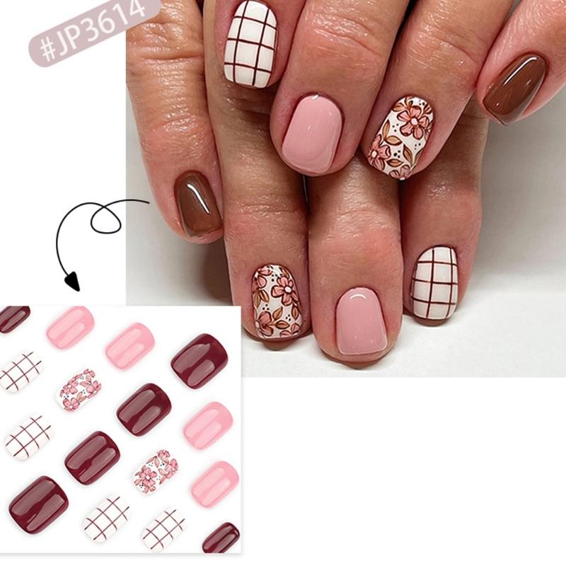 24 Stück Kurze Quadratische Falsche Nägel Blumen Künstliche Nägel Glänzend Aufkleben Nägel Gestreiftes Gitter Aufdrücknägel für Frau