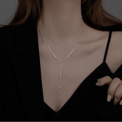 Summer Women Fashion Silver Color Round Bead Long Tassel Necklaces Women Simple Clavicle Chain Accessories Girl Creative Gifts