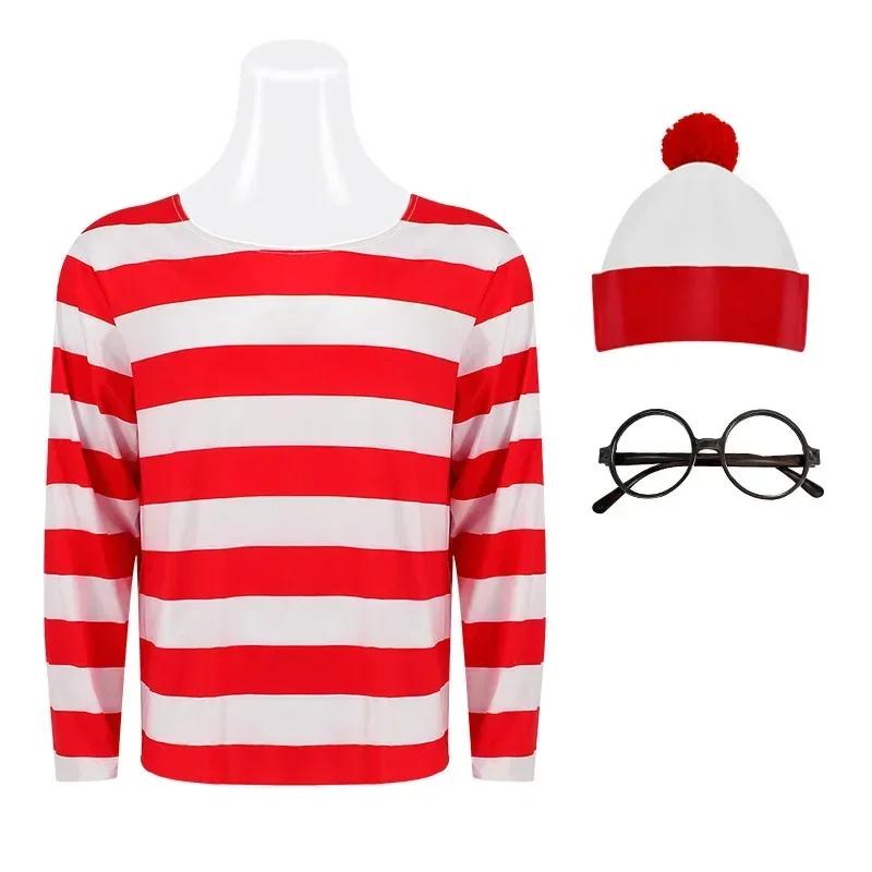Waar is Wally Streepjeshemd Jongens Wally Kostuumhemd Bril en Hoed Sokken Unisex Volwassenen Carnaval Cosplay Kostuum L&Wheres Waldo white
