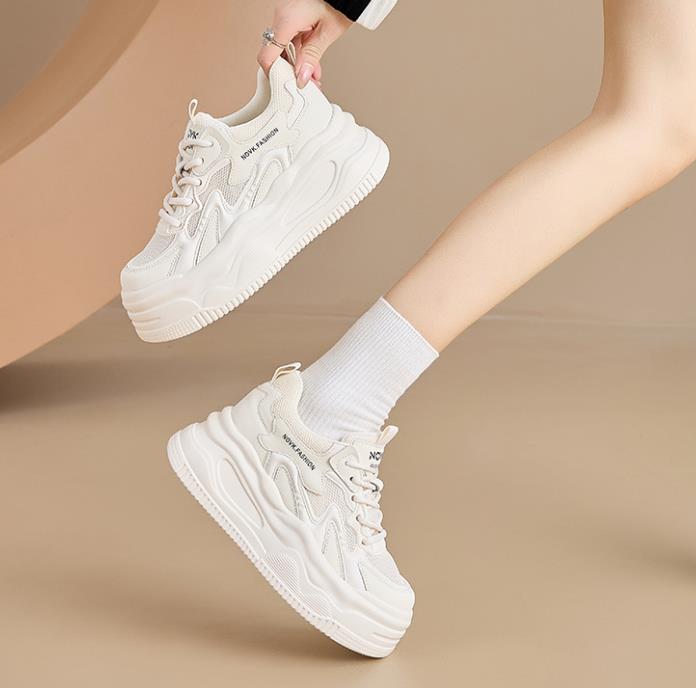 Fashion 8.5CM White Genuine Leather Women's Casual Woman Vulcanize Sneakers Breathable Meah Sport Walking Platform Flats Running Shoes