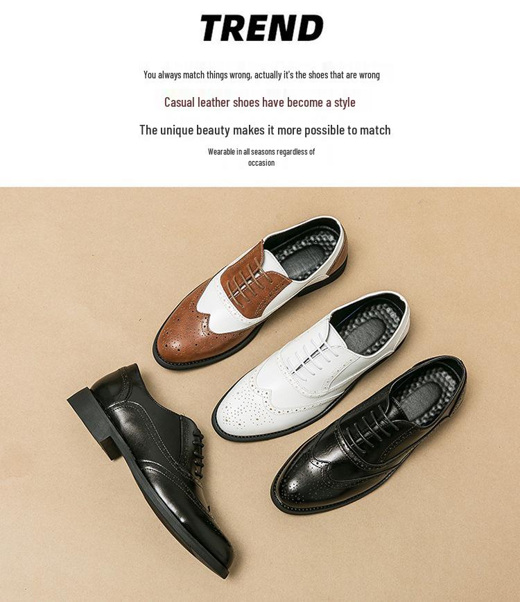 British Men's Carved Leather Brogues with Pointed Toe - Plus Size Formal & Casual Color Block Shoes