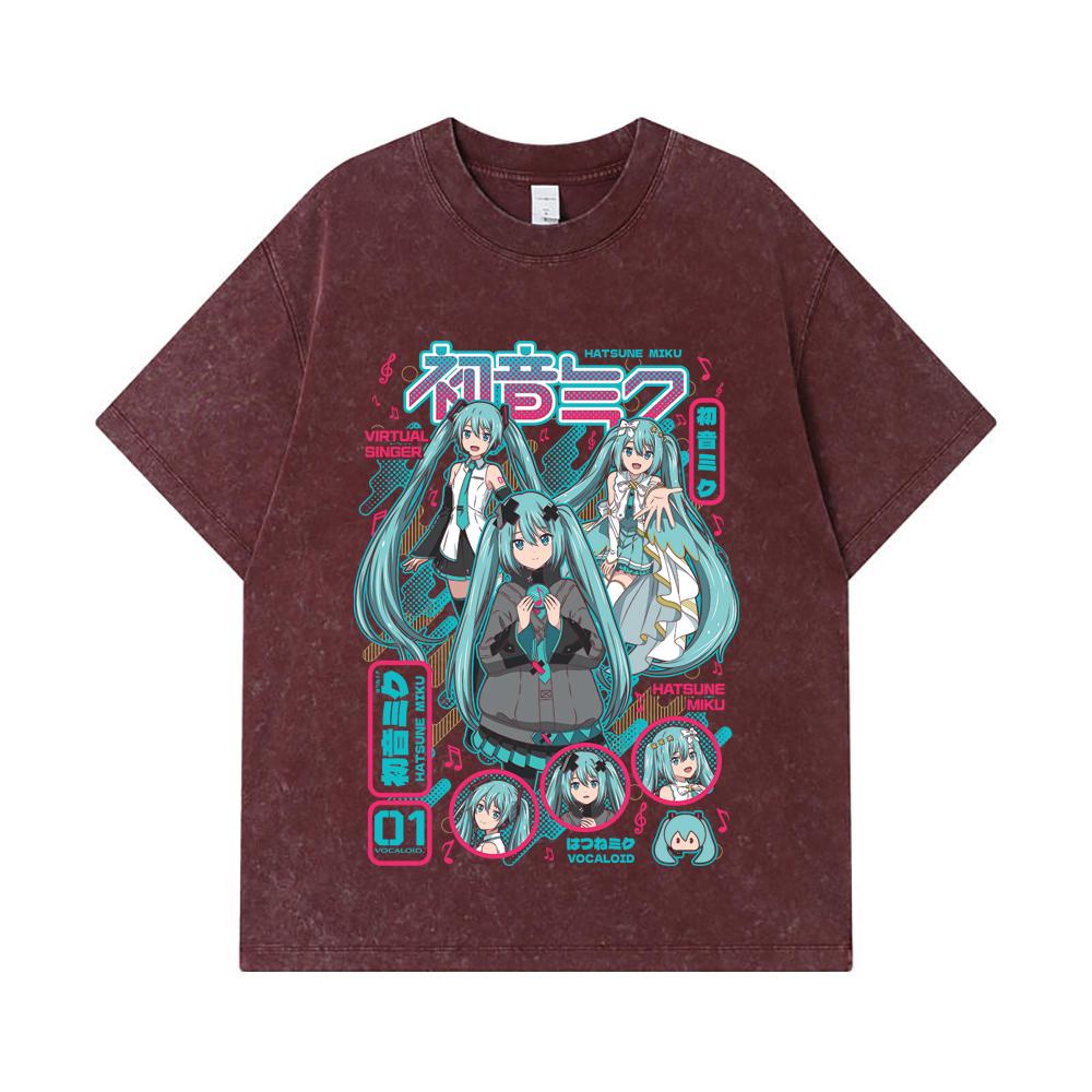 275 GSM Washed T-shirts 100% Cotton Vocaloid V1 Hatsune Miku Print Unisex Heavy Cotton T Shirt