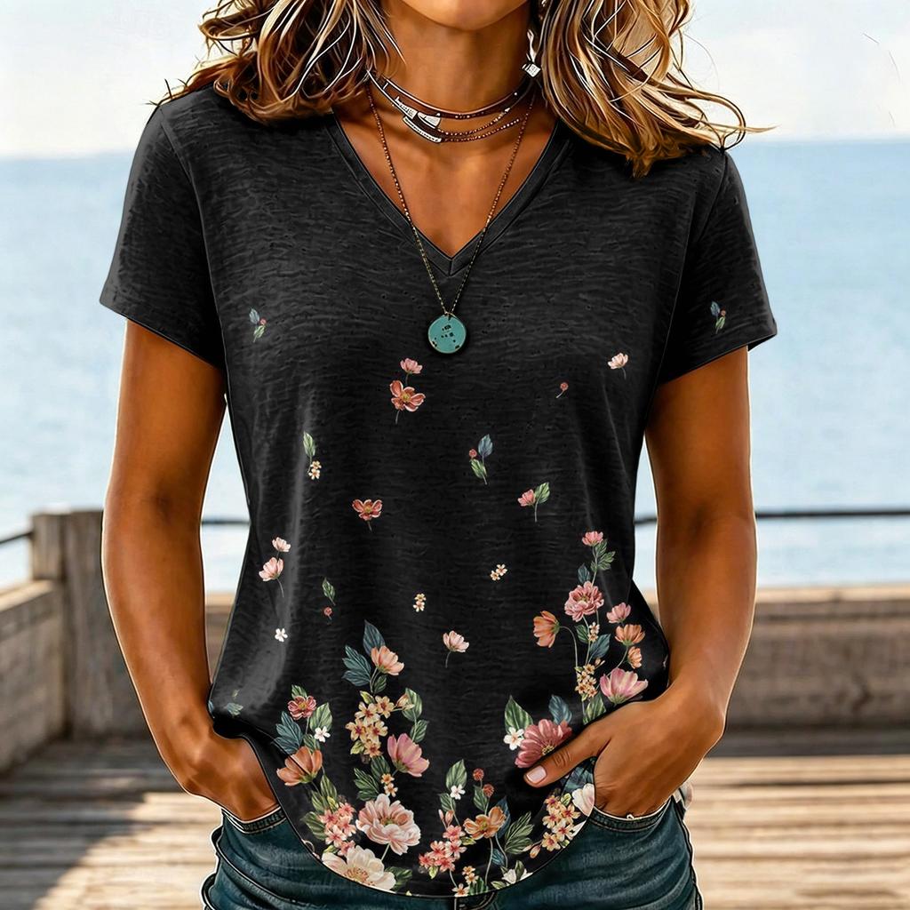 Damen Casual V-Ausschnitt Blumenprint Kurzarm T-Shirt Leichter Weicher Stoff Lockere Passform Oberteil für den Alltag