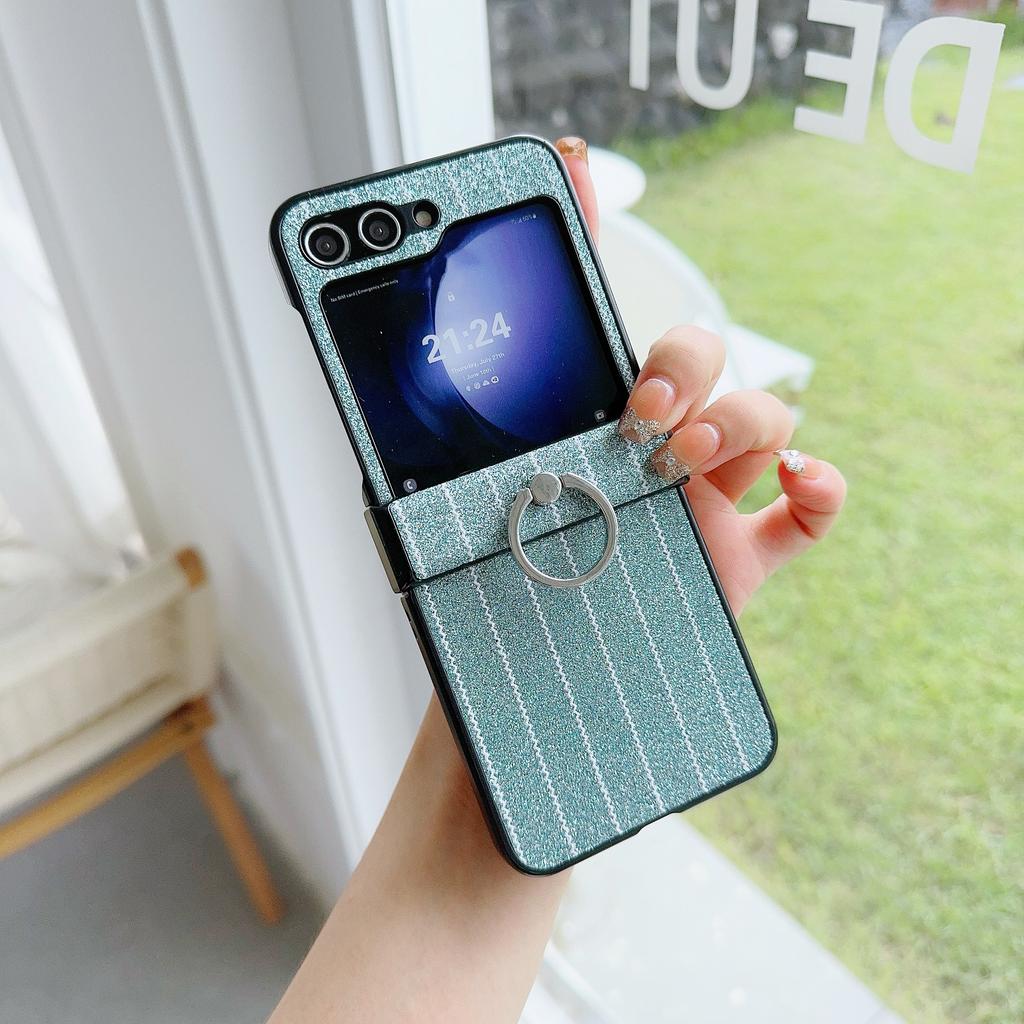 For Samsung Galaxy Z Flip7 FE 5G/Z Flip6 5G Wavy Stripes PU Leather Coated PC Phone Cover with Ring Kickstand