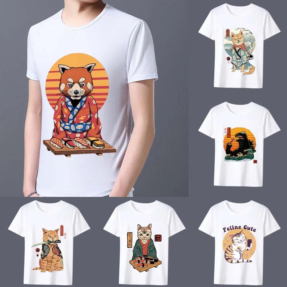 Men's T-shirt Japanese Characteristic Cartoon Cat Series Direct Sales Summer Daily Commuter Casual Slim Round Neck Men's Top