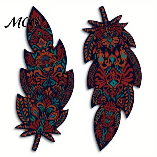 Boho Feather Decoration 2Pcs Wooden Wall Decoration, Retro Ethnic Shape Bohemian Art Art, Hanging Ornament for Living Room, Home, Office Vintage 1 Pair