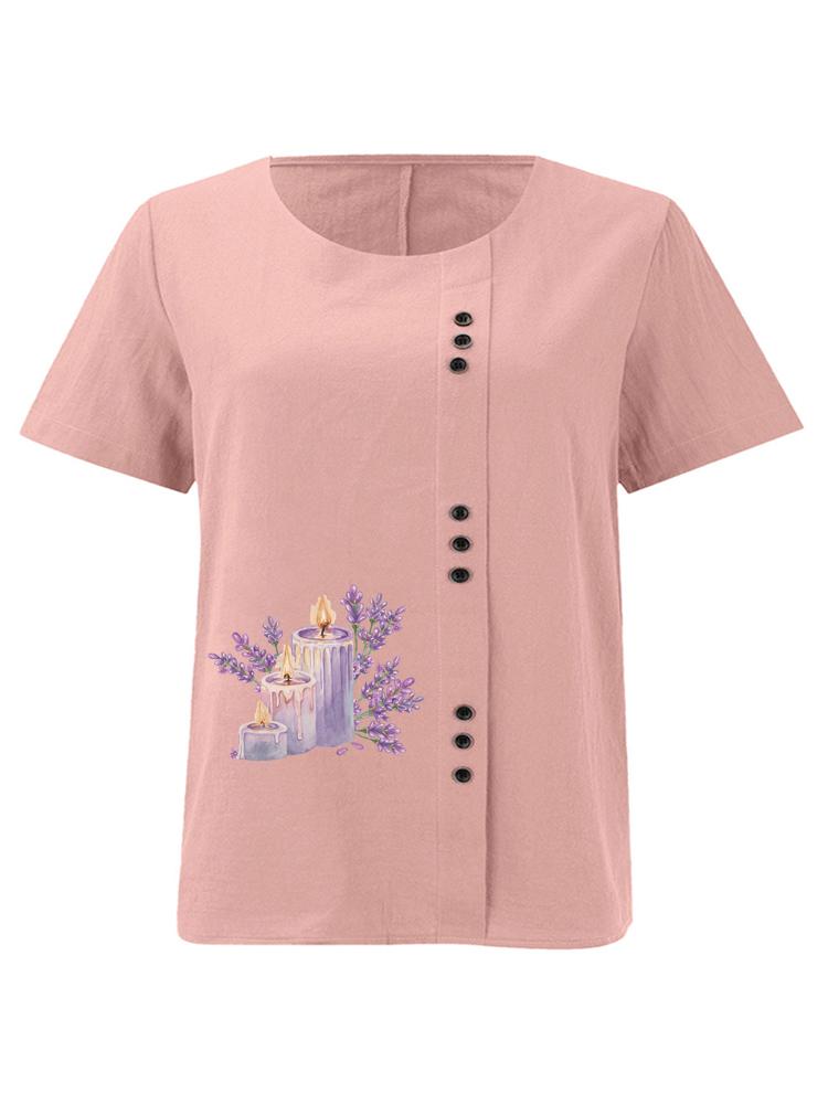 

Women s Fashion Purple Flower Candle Print Round Neck Short Sleeve T-shirt Casual Cotton Linen Graphic Shirt Leisure Loose Summer Blouse Tops S розовый