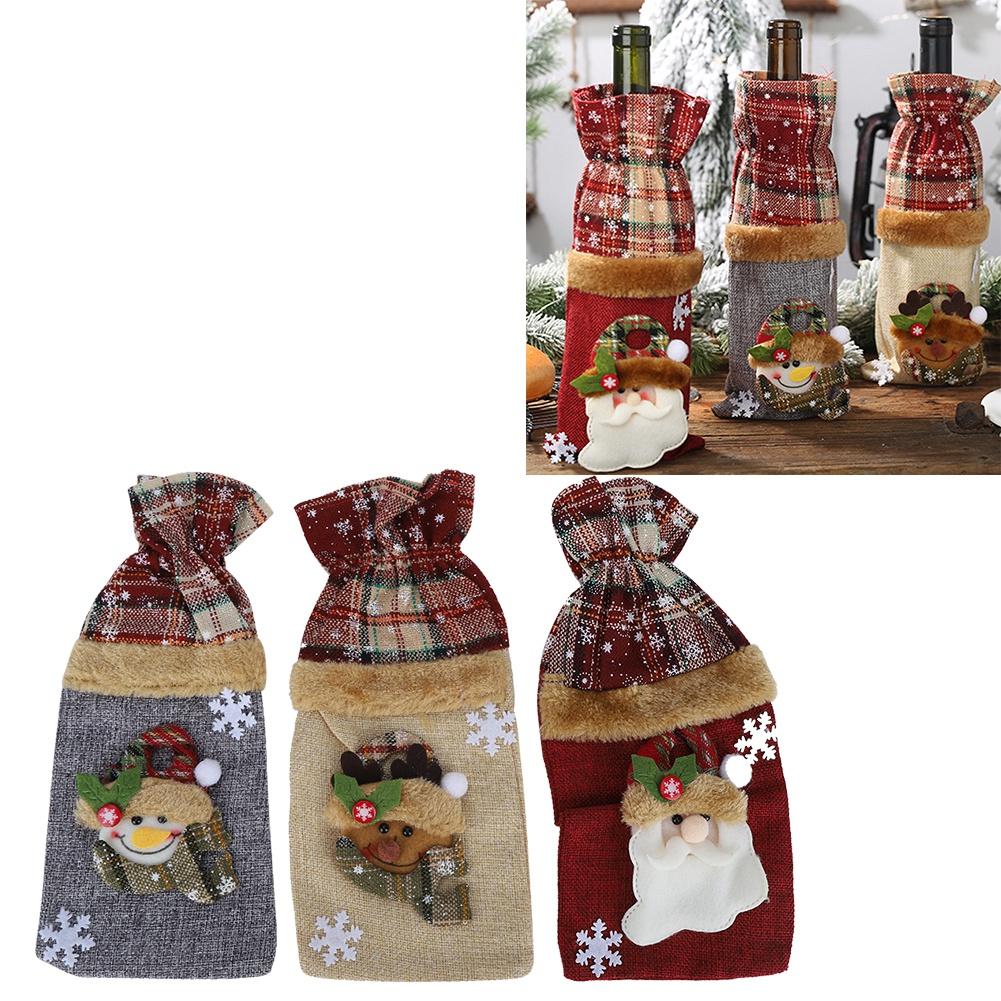 3Pcs Grid Pattern Linen Wine Bottle Cover Red Wine Champagne Bottle Bag Christmas Decoration