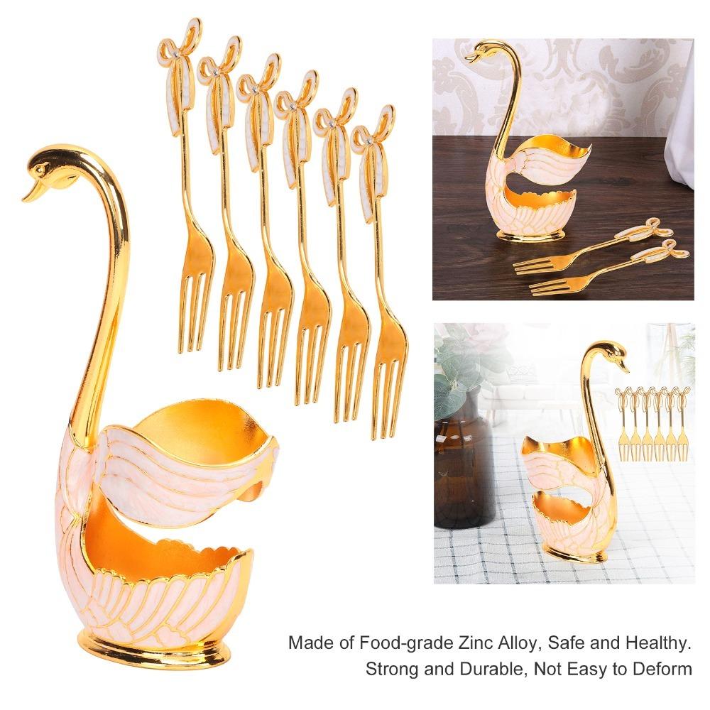 7pcs Gold Dessert Spoon Set Swan Base Holder Fruit Spoon Set Tea Spoon Set For Ice Cream A