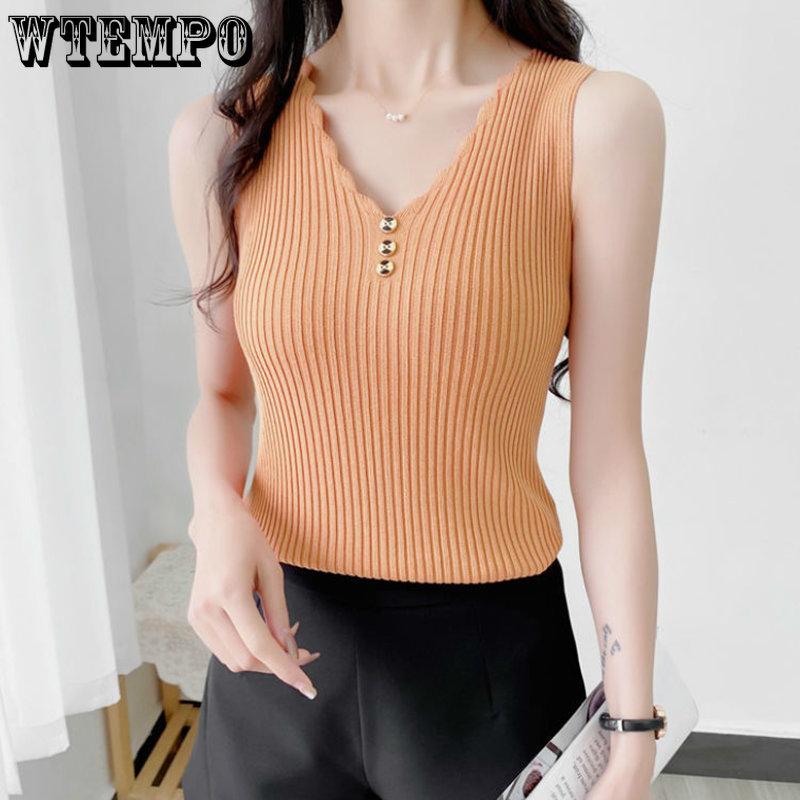 WTEMPO Ice Silk Solid Sport Camisole Women Slim Korean Casual V-Neck Vests Sleeveless Button Knitted Tank Tops