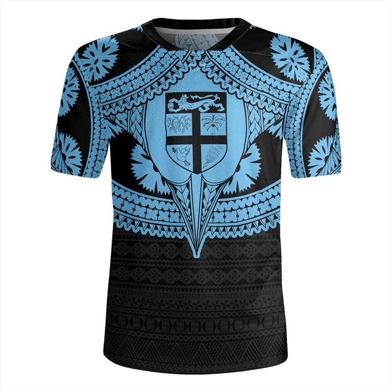 The Republic-of Fiji Flag 3D Printing V Neck T Shirt Fiji Rugby-Jersey Emblem Graphic V neck