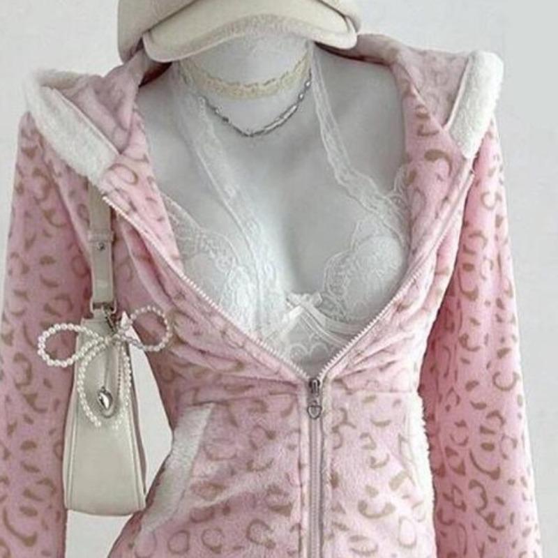 TrendHub Y2k Oblečení Mikiny Dámské Topy Leopard Podzim Zima Retro Mikiny Japonský Styl S Kapucí Sudaderas Mujer