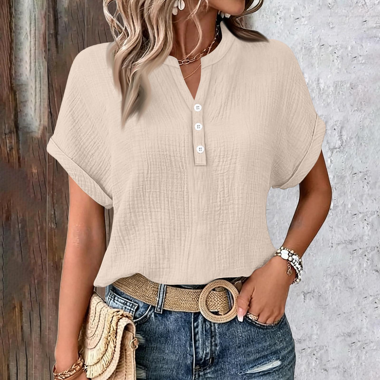 

Womens Summer Tops Casual Button V Neck Short Sleeve Shirts Loose Pullover Tops Oversized Lightweight Blouses L бежевый