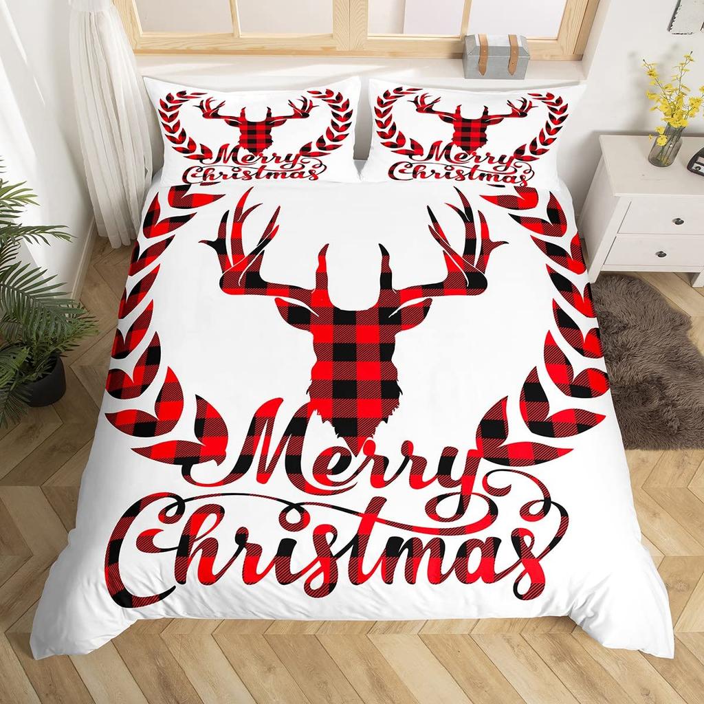 Merry Christmas Duvet Cover Set,Red Buffalo Checked Rustic Truck Comforter Cover,Plaid Xmas Tree Elk Deer Snowflake Bedding Sets