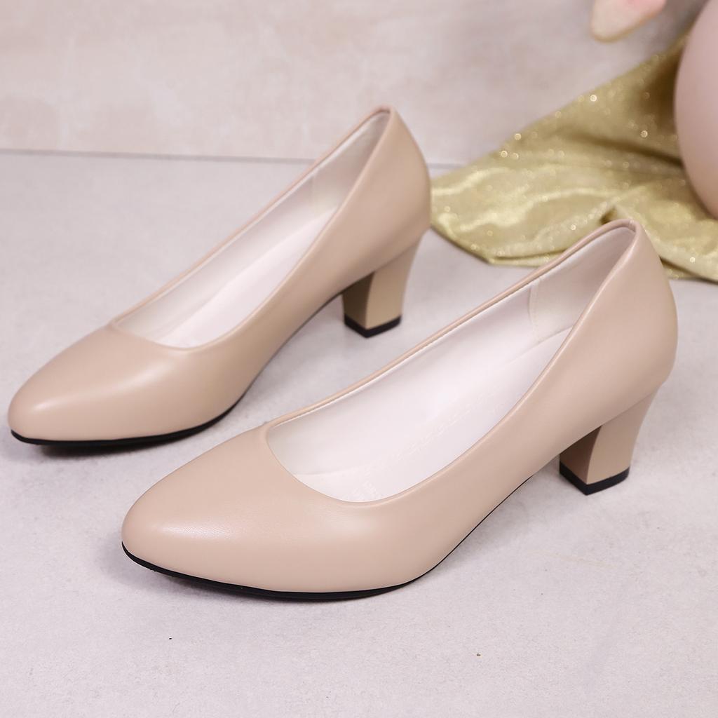 Dames Pumps Lente en Herfst Leer Hoge Hak Enkele Schoenen Dames Lage Hak Puntige Neus Designer Hakken Dames Zapatos De Mujer