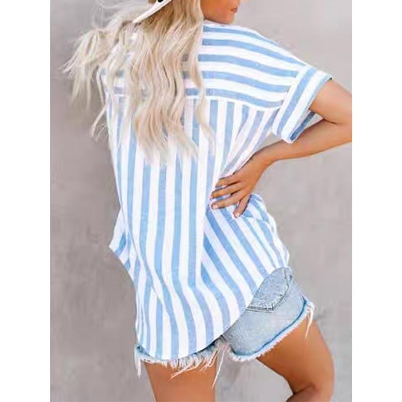 Summer Casual Striped Contrasting Color Short-sleeved Blouse Shirt Top for Women