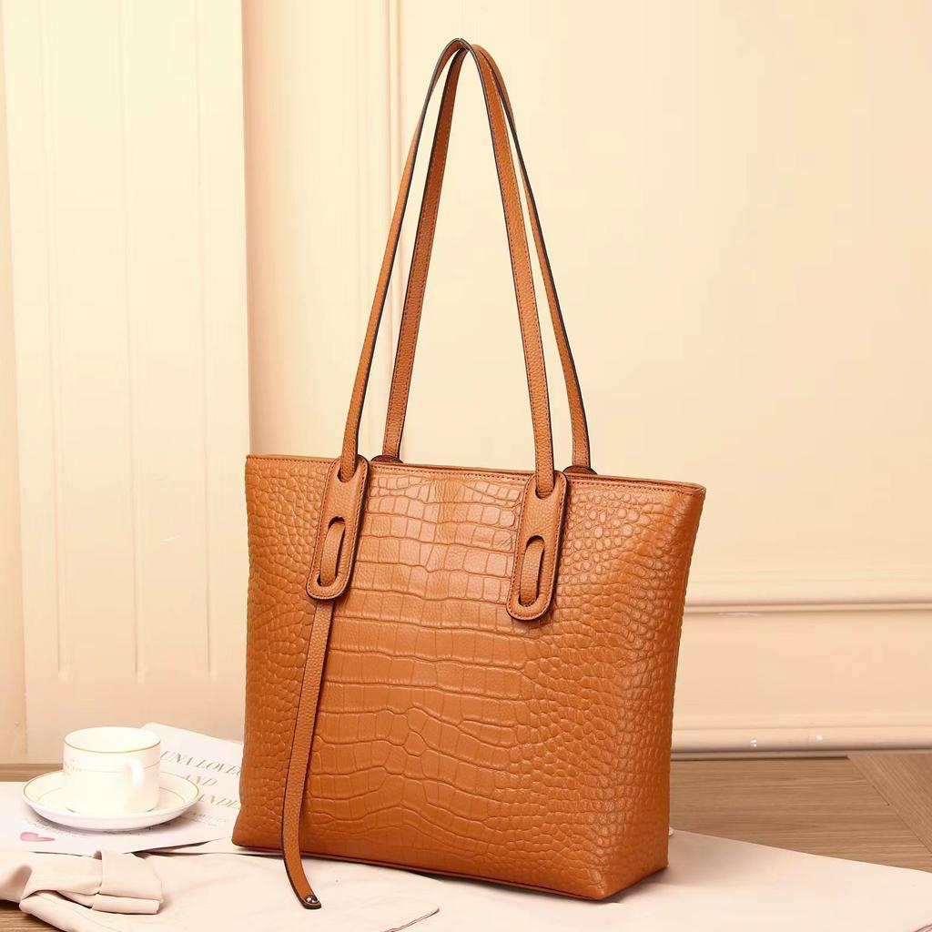 Genuine Leather Tote Bag Women's Korean Version Simple Crocodile Print Top Layer Cowhide Handbag Shoulder Bag
