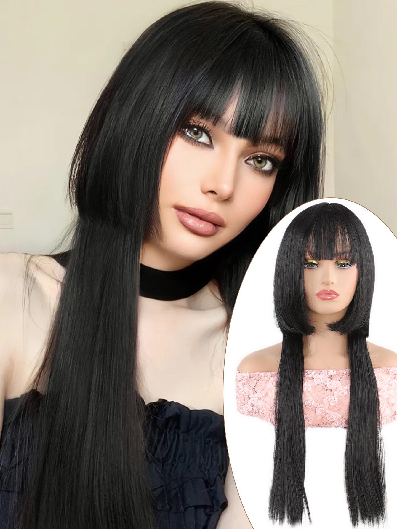 

Длинный прямой черный парик Харадзюку для женщин, повседневный косплей, термостойкий парик, натуральные синтетические волосы, парики с головой медузы 28inch