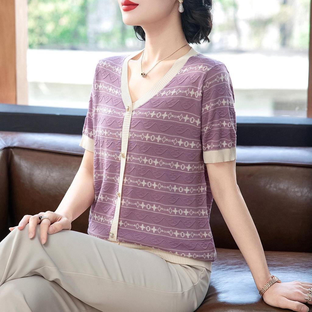 Women's V-neck Ice Silk Knit Cardigan-Style Short Sleeve Top, Plus Size, Lightweight, Summer T-shirt