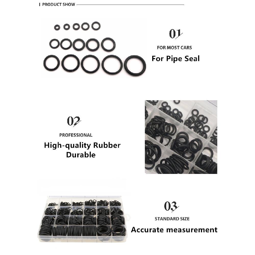 Universal set of gaskets-O-rings made of nitrile rubber 740 pcs. for car air conditioning repair, thickness 1.5 mm, 2.4 mm, 3.1 mm, black color