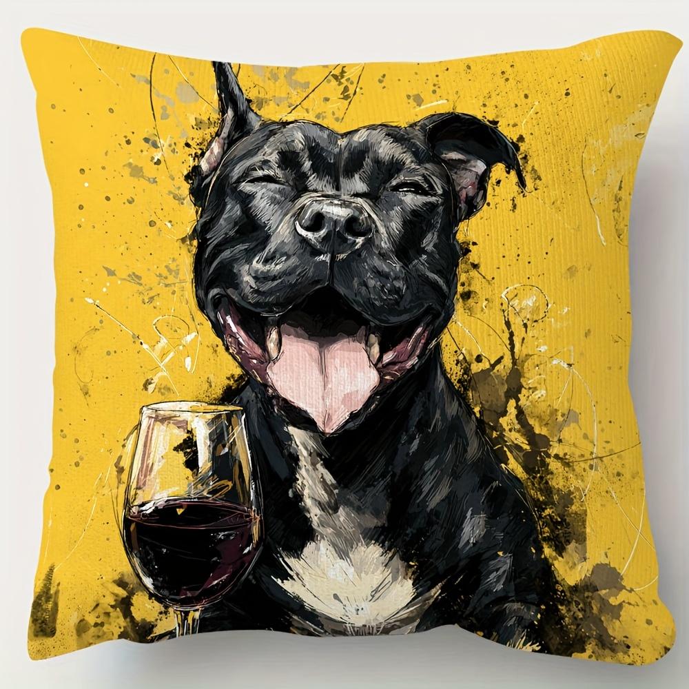 1pc Pillowcase, Bitbull Bulldog Wine Art Pillowcase, Black And White Bulldog with Wine And Mustard Yellow Splatter Design, 45Cm X 45Cm, Soft Smooth To