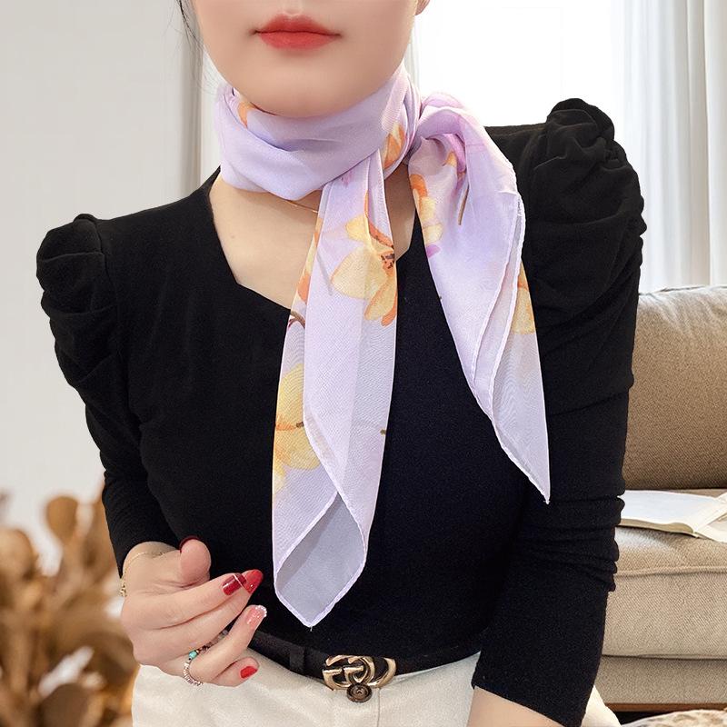 Large 95cm Square Korean Silk Chiffon Scarf for Women - Printed Neck or Head Scarf