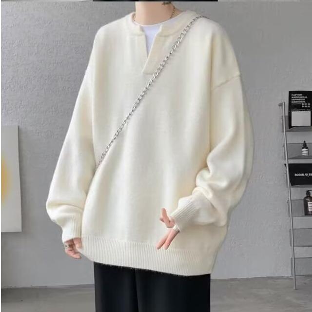 Men s Japanese Style Waffle Knit Faux Two-Piece Long Sleeve Casual Top XL