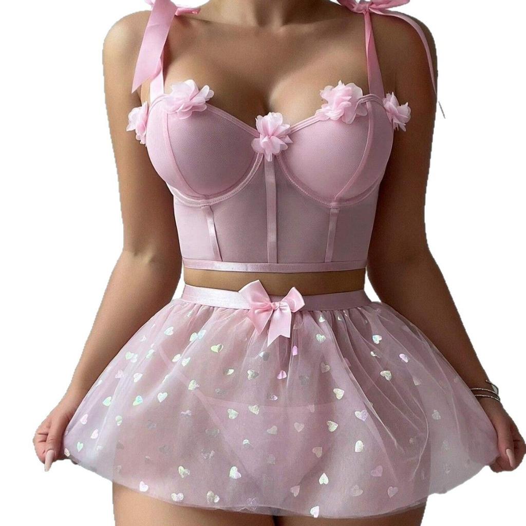 European and American Sexy Lingerie Set Sexy Flower Bow Strap Mesh Skirt Sexy Underwear Set