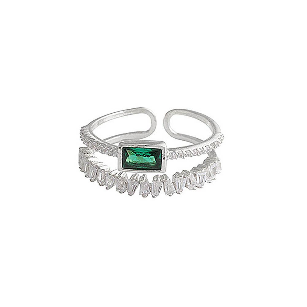 Huitan Korean Style Double Layer Finger Ring For Women Green Cz Geometric Shape Fashion Versatile Opening Rings  New Jewelry