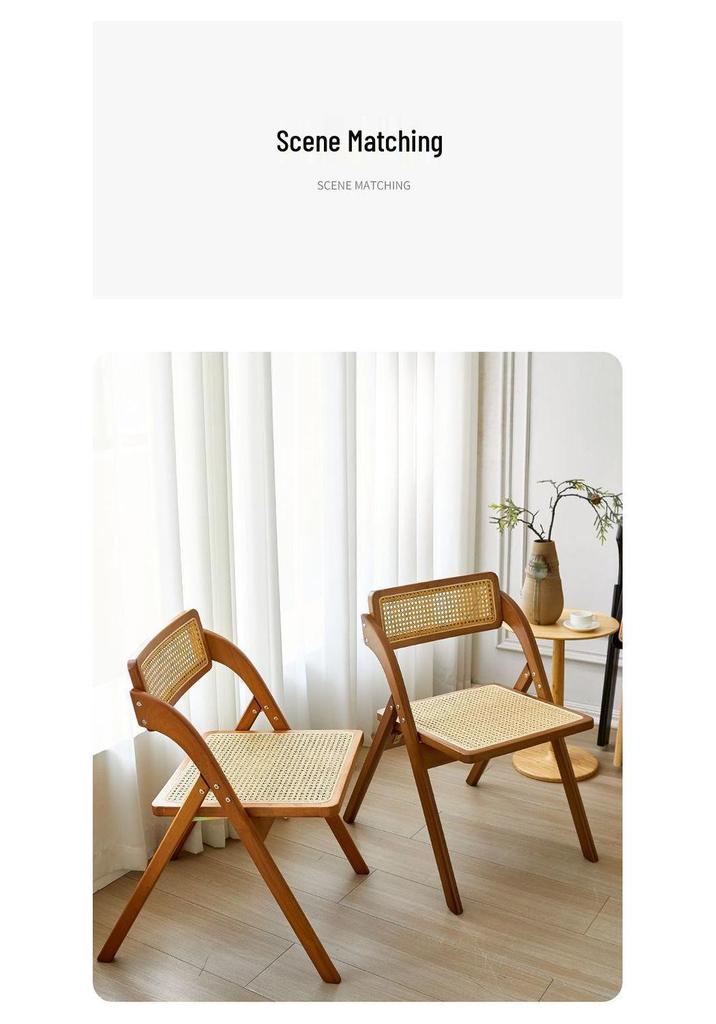 Wicker Folding Chair with Backrest - Solid Wood Casual Dining or Living Room Stool