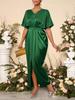 2025 Autumn Elegant V-Neck Satin Waist-Cinching Split Dress