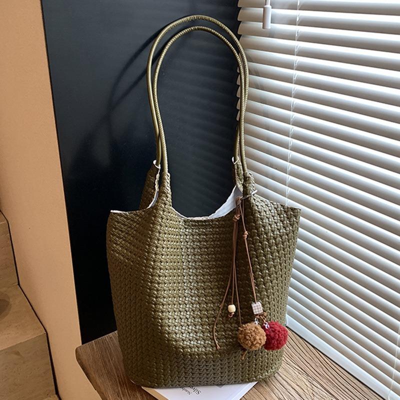 Autumn new texture braided pattern commuting simple large capacity retro solid color bucket armpit shoulder bag for women