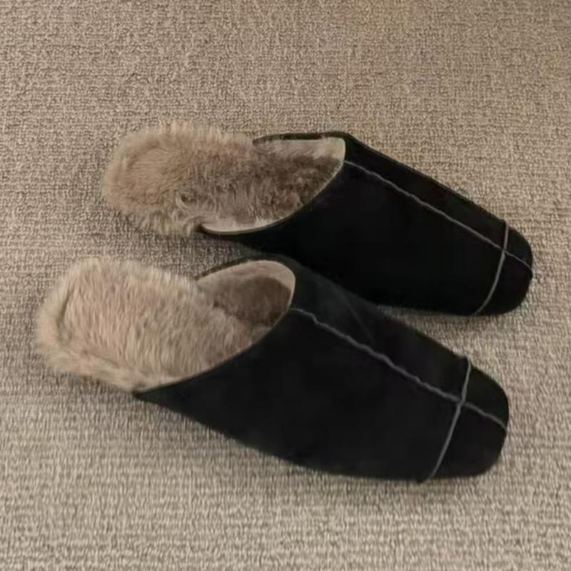 Women's Baotou Slippers Winter New Square Head Deep Mouth Splicing Suede Soft Sole Anti-slip Low Heel Shoes