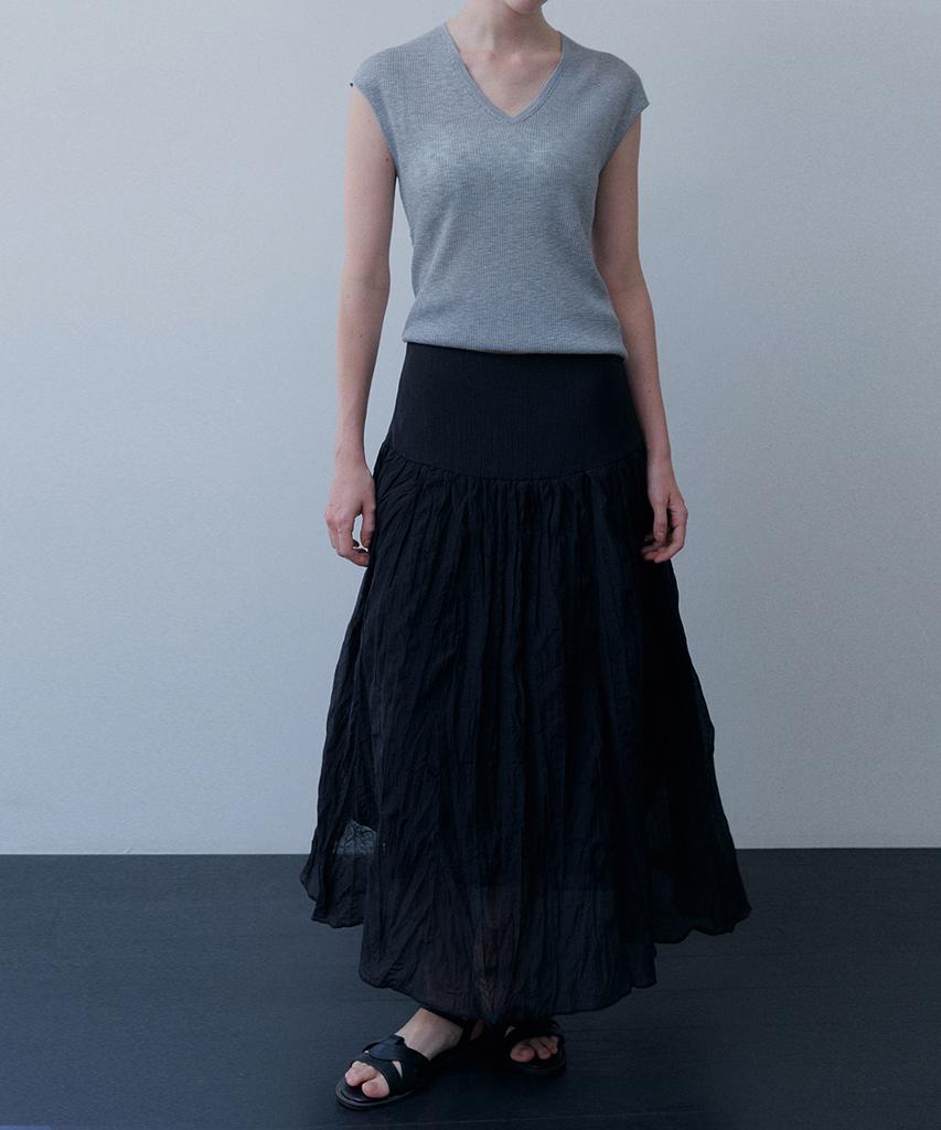 Meojiaenminggeul Ete Contour Wrinkle Midi Skirt (Black)