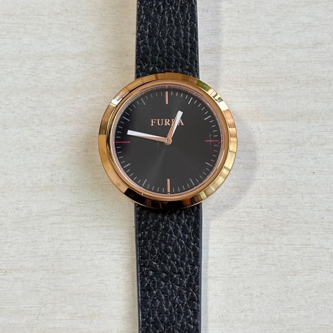 Used FURLA analog clock black genuine leather (battery replacement required)