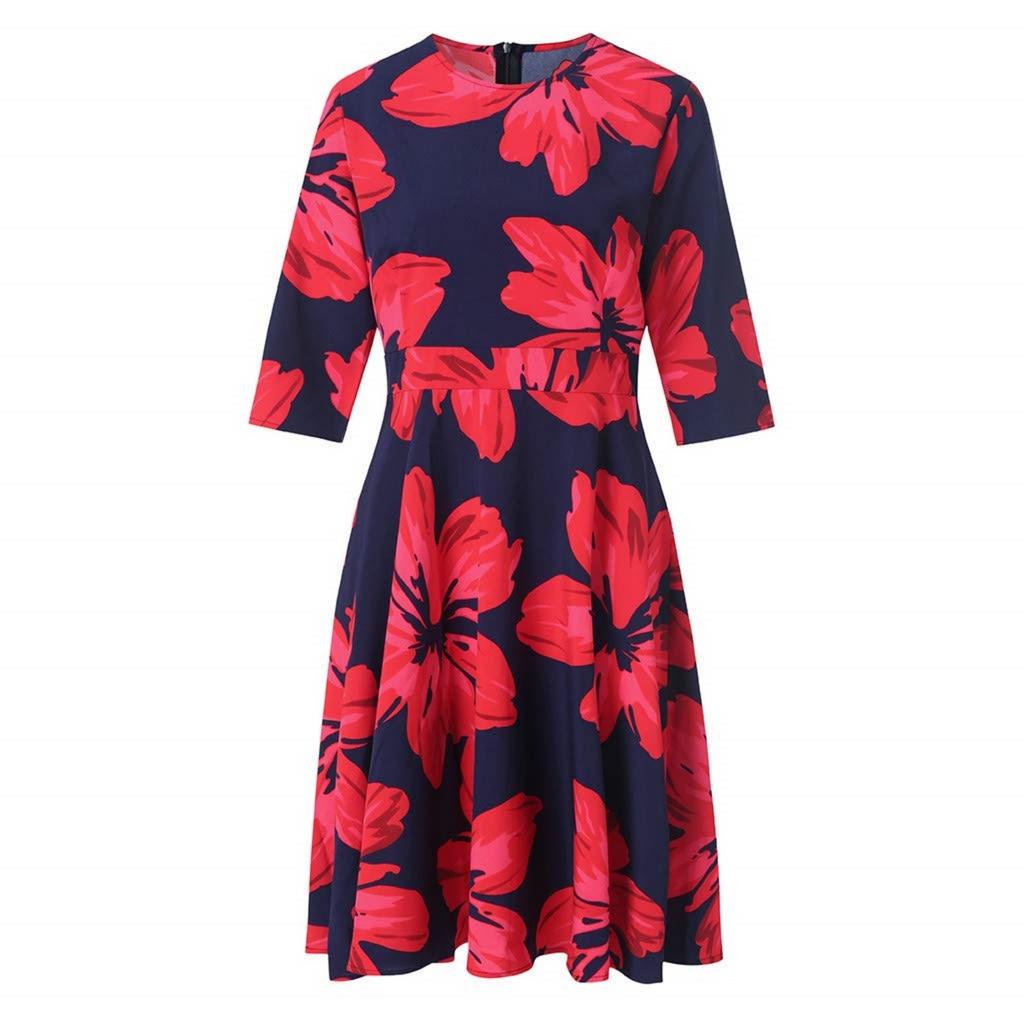 Women 3/4 Sleeve Dress Ladies Casual Party Holiday Elegant A-Line Vintage Floral Printed Dress