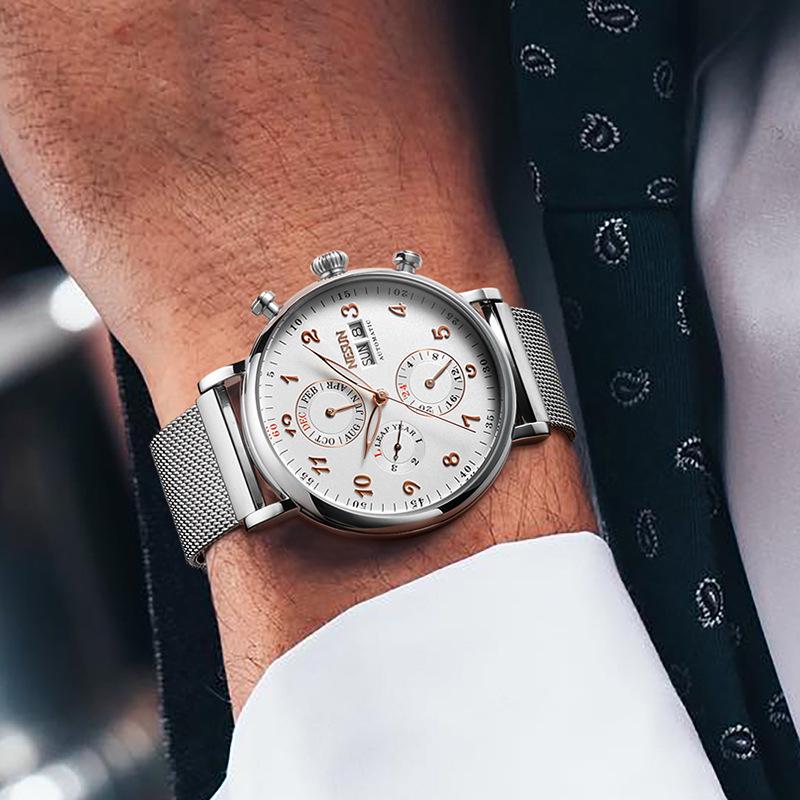 NESUN Herren Automatische Mechanische Uhr, Multifunktionale Wasserdichte Leder-Stahl Armbanduhr 9029