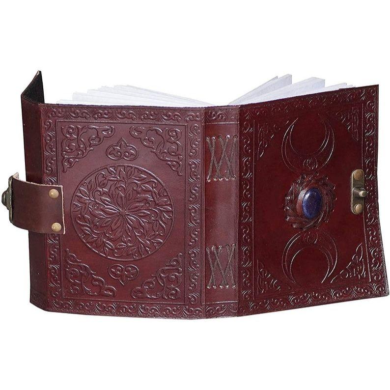 A5 Dreifache Mondgöttin Leder Braun Journal | Steinoptionen | 200 Blatt | Messing C-Verschluss | Mittelalterlich | Göttin Lederjournal