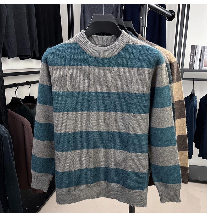 Men's Winter Striped Jacquard Crew Neck Long Sleeve Casual Knit Sweater