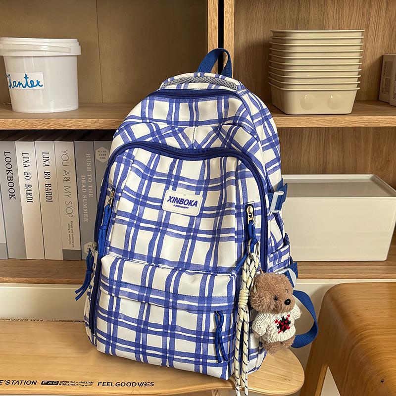 Minimalist Grid Backpack For Women And Girls With Waterproof Nylon For Casual Travel Blue