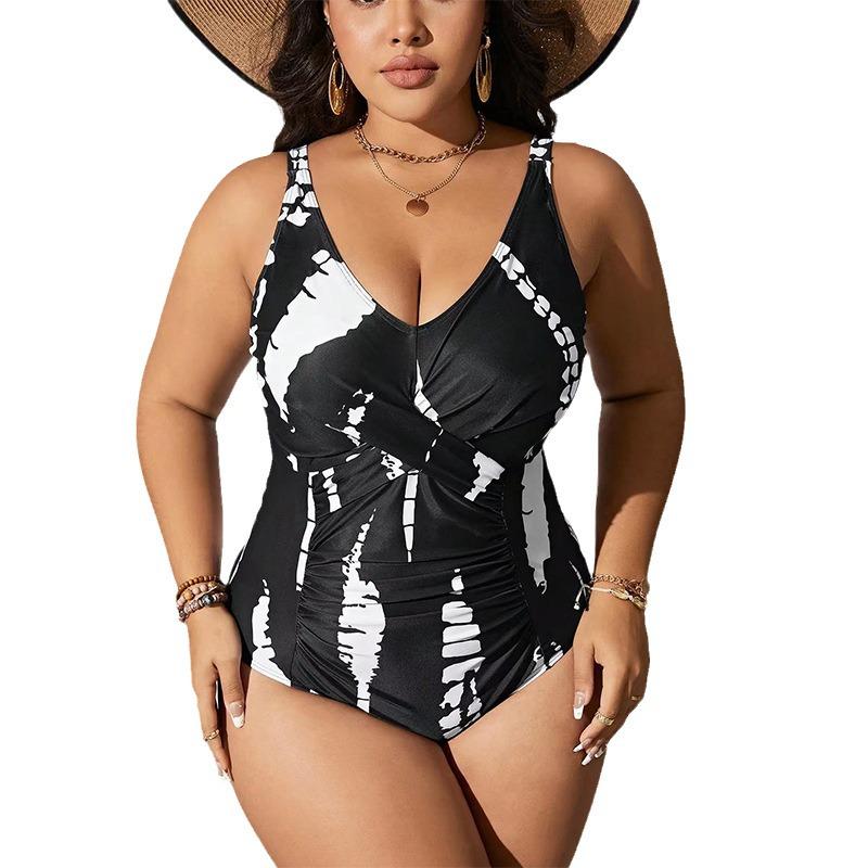 2024 Übergröße Schwarz & Weiß Schlankmachender Einteiliger Bikini für Damen