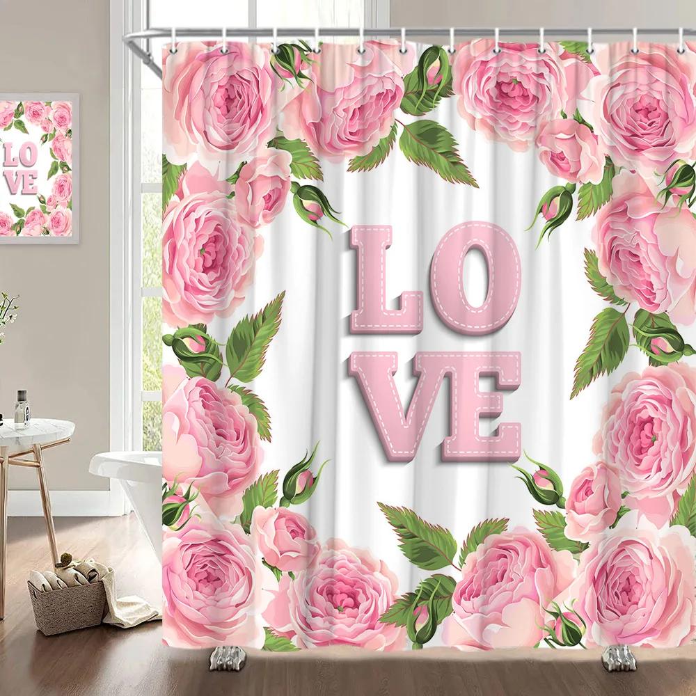 Alla hjärtans dag Duschdraperi, Rosblomma Hjärta Romantisk Växt Kärlek Läppstift Polyester Tryckt Tyg Badrumsdekoration