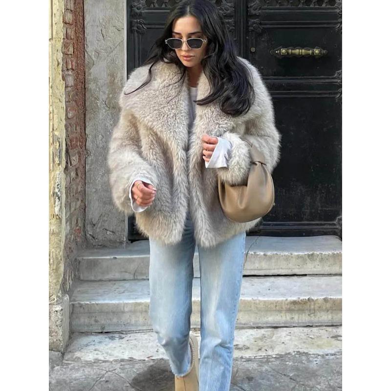 HH Women Fashion Cropped Faux Fur Jacket Coat Long Sleeve Front Snap-button Female Outerwear Chic Lapel Collar Thick Coat
