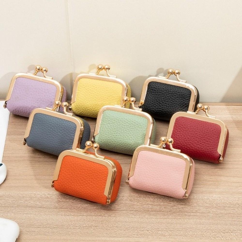 Solid Color Kiss Lock Coin Purse Genuine Leather Small Item Bag Leather Jewelry Bag  Earrings