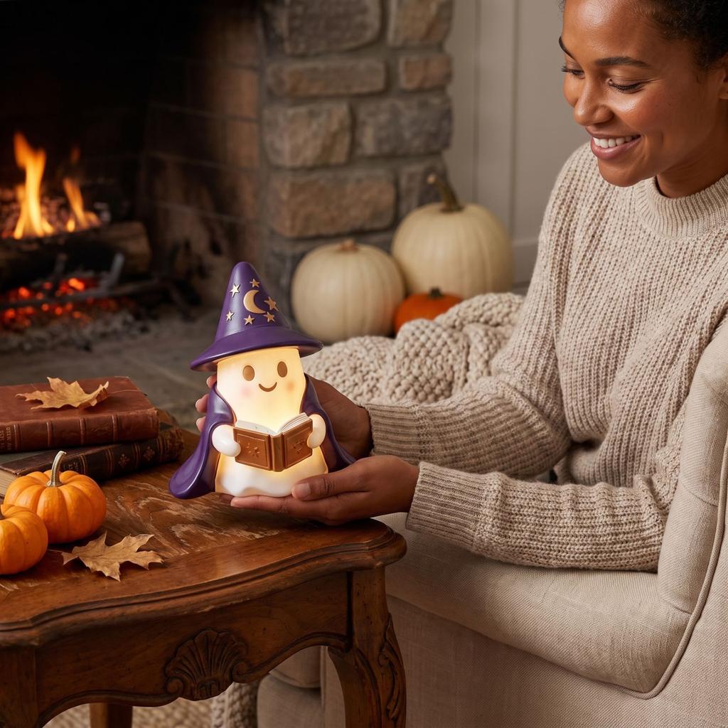 Halloween Reading Book Figurine, Cute Night Light Tabletop Decor for Home Shelf