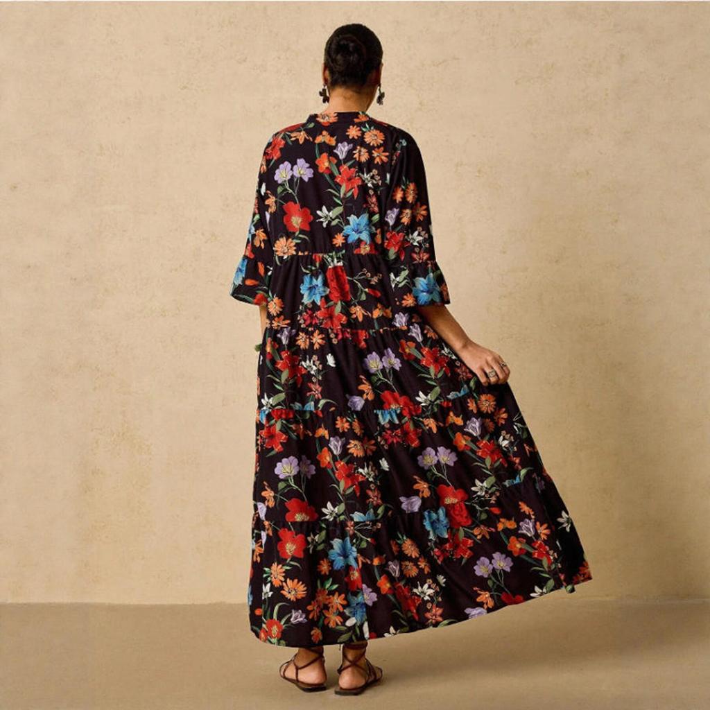 Plus Size Bohemian V-neck Long Dress - Spring/Summer European American Ethnic Style